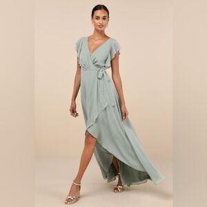 Lulus Ravishing Charm Sage Brush Ruffled Wrap High-Low Maxi Dress